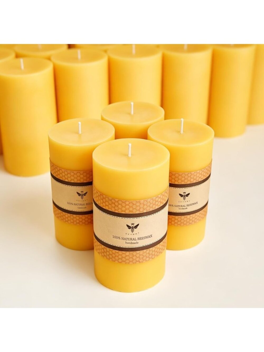 Set of 4 Yellow Natural Beeswax Pillar Candles - Eco-Friendly, Handcrafted Decor